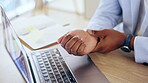 Laptop, hands and fibromyalgia with a business person closeup, working alone in the office from above. Computer, wrist and carpal tunnel with a professional or corporate employee suffering an injury