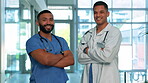 Medical men, portrait and smile of a doctor and nurse for healthcare, medicine and health insurance. Male workers in a hospital for collaboration, professional care and teamwork with arms crossed