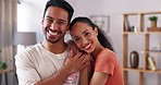 Couple, living room and happy face at home with love, care and smile together. Happiness, support and relax happiness of a woman and man portrait in a lounge in a house with cute fun and romance