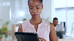Research, tablet and black business woman working and typing online information using the internet, web or an app. Serious, leader and female worker writing an email or searching data for analysis
