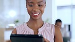 Business, smile and black woman with a tablet, typing and internet connection for social media, status update and email. Female employee, administrator or lady with a device, technology or search web