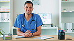 Documents, Indian doctor or face of happy man with smile in a hospital clinic for wellness, helping or nursing. Indian nurse, medical surgeon portrait or proud healthcare consultant working on files