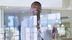 Confidence, window and face of a professional black man with a smile standing in his office. Happiness, excited and portrait of an African male executive ceo or entrepreneur in the modern workplace.