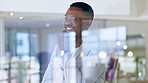 Happy black man, thinking and smile for business strategy, idea or career ambition at the office. Thoughtful African American businessman smiling in wonder for success or vision for corporate goals