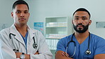 Medical team, portrait and men as a doctor and nurse for healthcare, medicine and health insurance. Male workers in a hospital for collaboration, professional care and