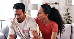 Document, debt and couple with a finance problem on home couch stressed about bills or mortgage. Young man and woman together in a house with paperwork, stress and  crisis while talking about budget