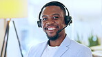 Face, smile and black man in call center for telemarketing, customer service or support. Portrait, sales agent and happy consultant, business or African professional from Nigeria consulting in office