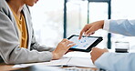 Business people, hands and tablet for analytics, meeting or collaboration in teamwork at the office. Hand of corporate employees in company statistics or profit on technology for data, chart or graph