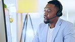 Black man, call center and talking in office for telemarketing, customer service or support. Contact us, sales agent and business person or African consultant in discussion, speak or crm on computer.