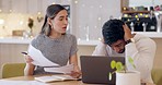 Stress, small business and finance, couple in cafe with paperwork and laptop for financial planning. Anxiety, man and woman overwhelmed with bills, fintech and online banking budget plan for debt.