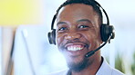 Face, smile and black man in call center for customer service, telemarketing or support. Portrait, sales agent and happy consultant, business or African professional from Nigeria consulting in office