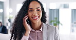 Happy business woman, phone call and conversation for communication, proposal or idea at the office. Female employee with smiling talking on mobile smartphone for corporate discussion, chat or plan