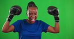 Winner, boxing and sports with black woman on green screen for fitness, success and fight. Workout, exercise and training with female boxer on studio background for championship, challenge and fight