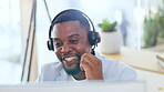 Call center, black man and talking in office for telemarketing, customer service or support. Contact us, sales agent and happy business person or African consultant in discussion or crm on computer.