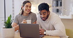 Couple, home and laptop for a video call with internet connection while talking to wave hello. Young man and woman together at computer with network for communication or online streaming while happy