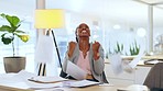 Business woman, celebration and throwing paperwork in corporate success, winning or promotion at office desk. Happy African female employee in joy with documents in completion, finished or done