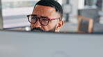 Business man, focus and trader wearing eyeglasses or working at a pc or a computer screen reflecting.Trading, market and analyzing online finance or digital data. Close up, thinking and eyes on debt