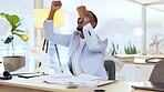 Businessman, celebration and throwing paperwork for winning, corporate success or promotion at office. Happy African man employee in joy with documents in completion, finished or done at workplace