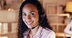 Customer support, smile and face of woman at night working for consulting, help and service. Business, call center and portrait of female consultant for crm contact, assistance and communication