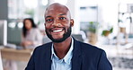 Face, smile and black man in office at computer with motivation, confidence and trust. Portrait, business and happy male employee working on desktop with pride, planning and commitment to happiness