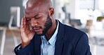 Black man, headache and business stress in burnout, fatigue or overworked at office. Stressed, tired and exhausted African American businessman suffering from bad head pain, sore or ache at workplace