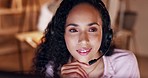 Telemarketing, night working and thinking woman at a computer ready for call center work. Smile, customer support and CRM worker with a online consultant job with happiness at a company office desk