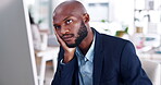 Frustrated, tired and business black man on computer with stress, career fatigue and burnout for online research fail. Depression, mistake or angry professional person on desktop pc working in office