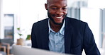 Business, man and walking in office while greeting staff, smile and ready to start working in startup agency. Happy black male, employee and begin at computer with motivation, happiness and workplace