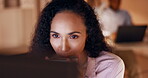 Computer, coffee and working late with a business woman in the office at night feeling satisfied at work. Dark, break and overtime with a young female employee working or reading a report on email