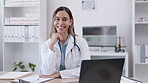 Portrait, doctor or happy woman with smile by laptop sitting in a hospital for wellness, help or insurance. Trust, medical nurse or face of healthcare consultant smiling or working in office clinic