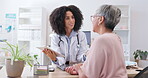 Tablet, results and doctor with old woman in office for consulting, life insurance and medical report. Healthcare, technology and medicine with female and patient for discussion, treatment and help