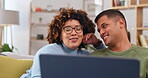 Laptop, couple and happiness on sofa in home living room, relax and bonding together. Computer, talking and man and woman on couch online browsing, streaming movie and watching interracial video.