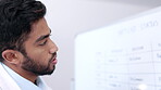 Indian doctor, research or man writing on board in laboratory for innovation, formula or data analytics. Focus, face or scientist in with ideas, strategy or planning a vision for future wellness  