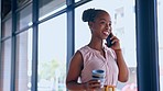 Phone call, black woman and walking in office building happy, smile and confident while networking. Smartphone, conversation and African business lady negotiating, planning or discussing startup plan