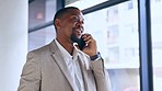 Phone call, black man and walking in office building happy, smile and confident while networking. Smartphone, conversation and African businessman negotiating, planning or discussing startup plan