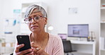 Healthcare, tablet and phone research with a woman in her office, reading information about her medication. Medical, technology and pill with a senior doing an online search for chronic treatment