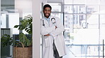 Face, man and happy doctor with arms crossed in hospital, motivation and trust. Portrait of male healthcare worker smile for professional medical service, wellness management and confidence in clinic