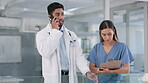 Phone call, doctor and nurse working in the hospital for healthcare, insurance or treatment together. Medical, teamwork or documents with a man and woman medicine professional at work in a clinic