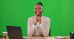 Laptop, typing and face of black woman on green screen in studio isolated on a background mockup. Portrait, computer and happiness of African professional, business person or entrepreneur with smile.