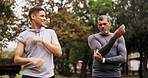 Fitness stretch, personal trainer and outdoor with mature man face ready for exercise and sports. Nature, park and confident portrait of men talking and stretching for sport training and workout