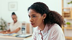 Computer, research and concentration with a business woman in her office while working on a project. Internet, planning and reading with a young female employee using a desktop at work for reporting