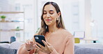 Phone, typing and happy woman relaxing on sofa with social media, funny meme or internet chat for networking. Young person with communication, reading online and mobile app at home on couch or lounge