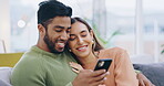 Happy couple, hug and love with cellphone on sofa to scroll on social media, online notification and blog post. Young man, woman and browsing on smartphone, internet and mobile app together at home