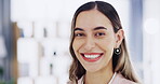 Face, happiness and business woman in office with pride for career, job or occupation in corporate workplace. Portrait, smile and female entrepreneur, professional or confident person from Greece.