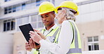 Tablet, inspection or engineering people planning construction, building or maintenance on roof. Mature woman, renewable energy or electrician team talking or working on electricity project on roof