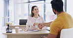 Smile, business people and handshake for partnership, deal or introduction in workplace. Happy, man and woman shaking hands for agreement, b2b or onboarding, congratulations or welcome to company.