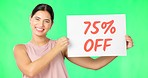 Woman, poster or sign for discount by green screen with smile, face and announcement by background. Girl, small business owner and billboard for deal, sale or mock up portrait for promo by background