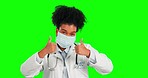 Green screen, covid face mask and woman doctor with thumbs up for safety, medical compliance or hospital policy. Healthcare satisfaction, portrait and female chroma key surgeon on studio background