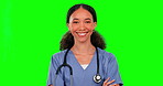Face, nurse and woman with arms crossed on green screen in studio isolated on a background mockup. Portrait, medical professional and happy mixed race person or surgeon with confidence on chroma key.