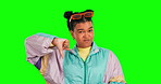 Green screen face, thumbs down or studio woman with negative fail sign, no opinion vote or decision disagreement. Emoji hand gesture, chroma key portrait and retro female fashion on mockup background